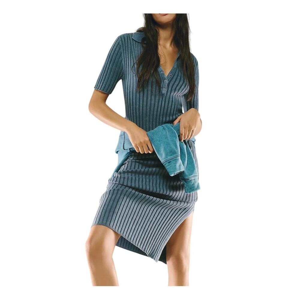 Anthropologie Daily Practice Petite Morris Blue Ribbed Polo Sweater Midi Dress